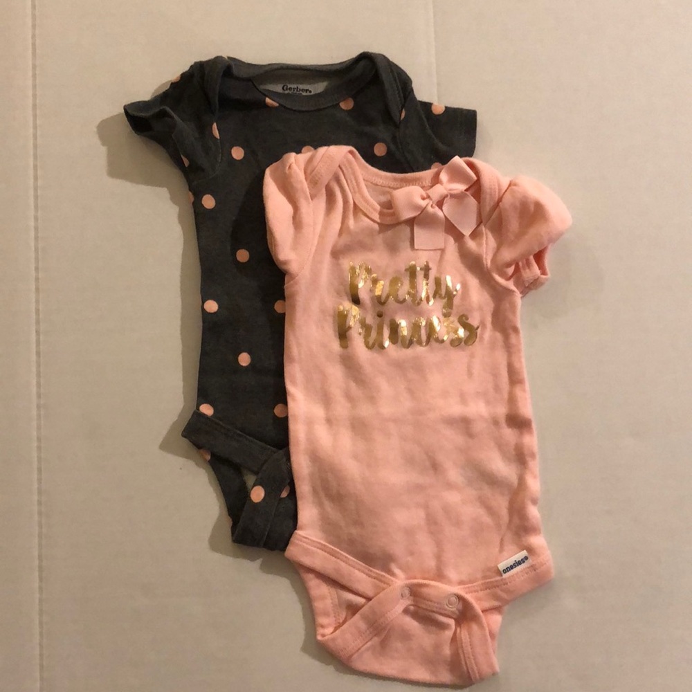 Gerber organics onesies pretty princess and polka dots.
